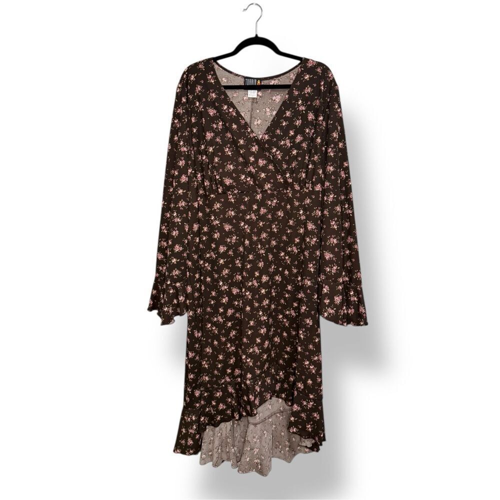 Vtg Torrid Women’s 4X High Low Dress Brown Floral Bell‎ Sleeves V-Neck Stretch